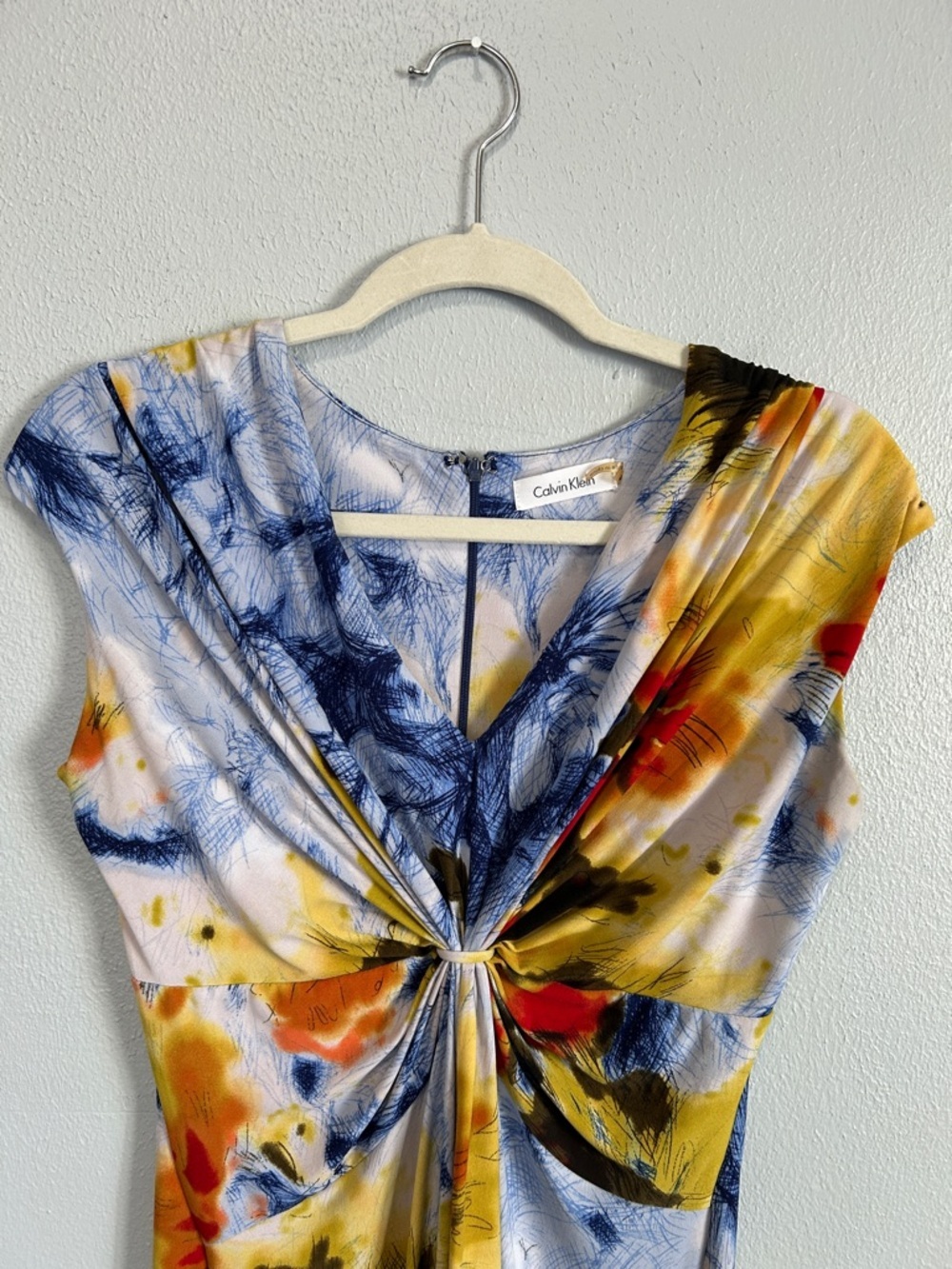 Calvin Klein Multicolor Knot-Front Midi Dress in Navy, Mustard & Red Size 4 - Picture 3 of 8